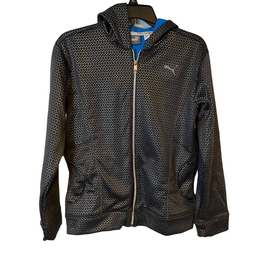 Puma Hoodie Jacket Girls XL - 16 Full Zip Metallic Black Pockets Activewear
